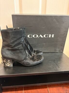 Coach Black Suede Floral-Embellished Block Heel Ankle Boots